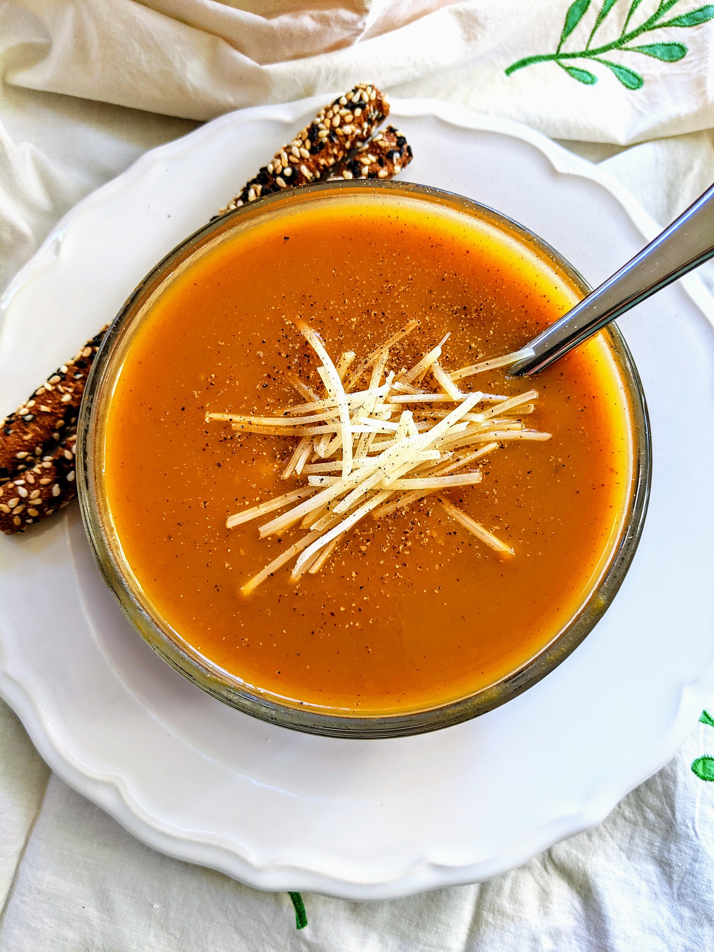 Bowl of curried butternut squash and peanut butter soup